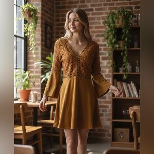 Beyond The Radar Velvet & Embroidered Lace Dress with Statement Sleeves - golden